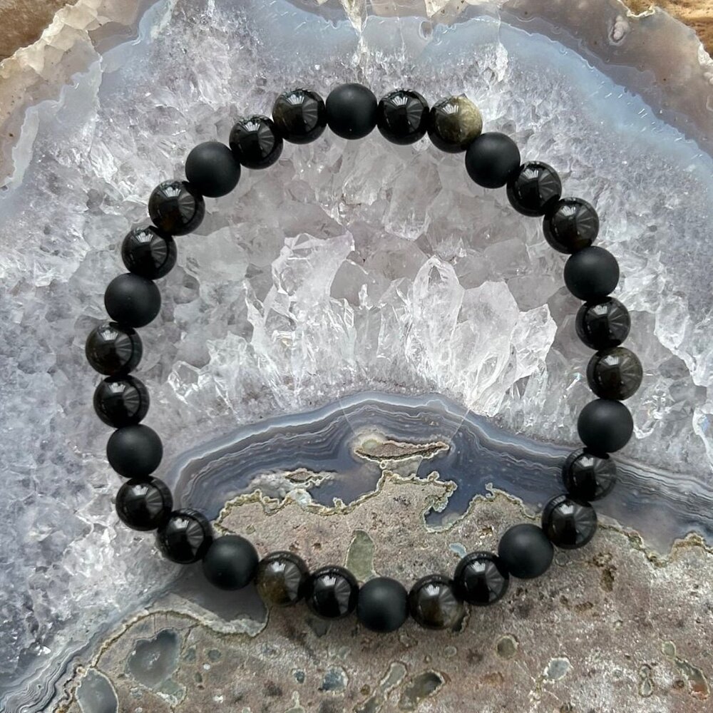 Tourmaline, Golden Sheen Obsidian, Black Agate Gemstone Bracelet - Triple Energy